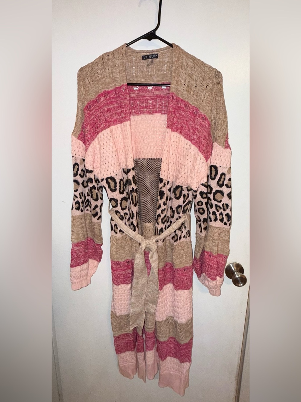VENUS Pink, Tan & Leopard Open-Front Belted Cardigan